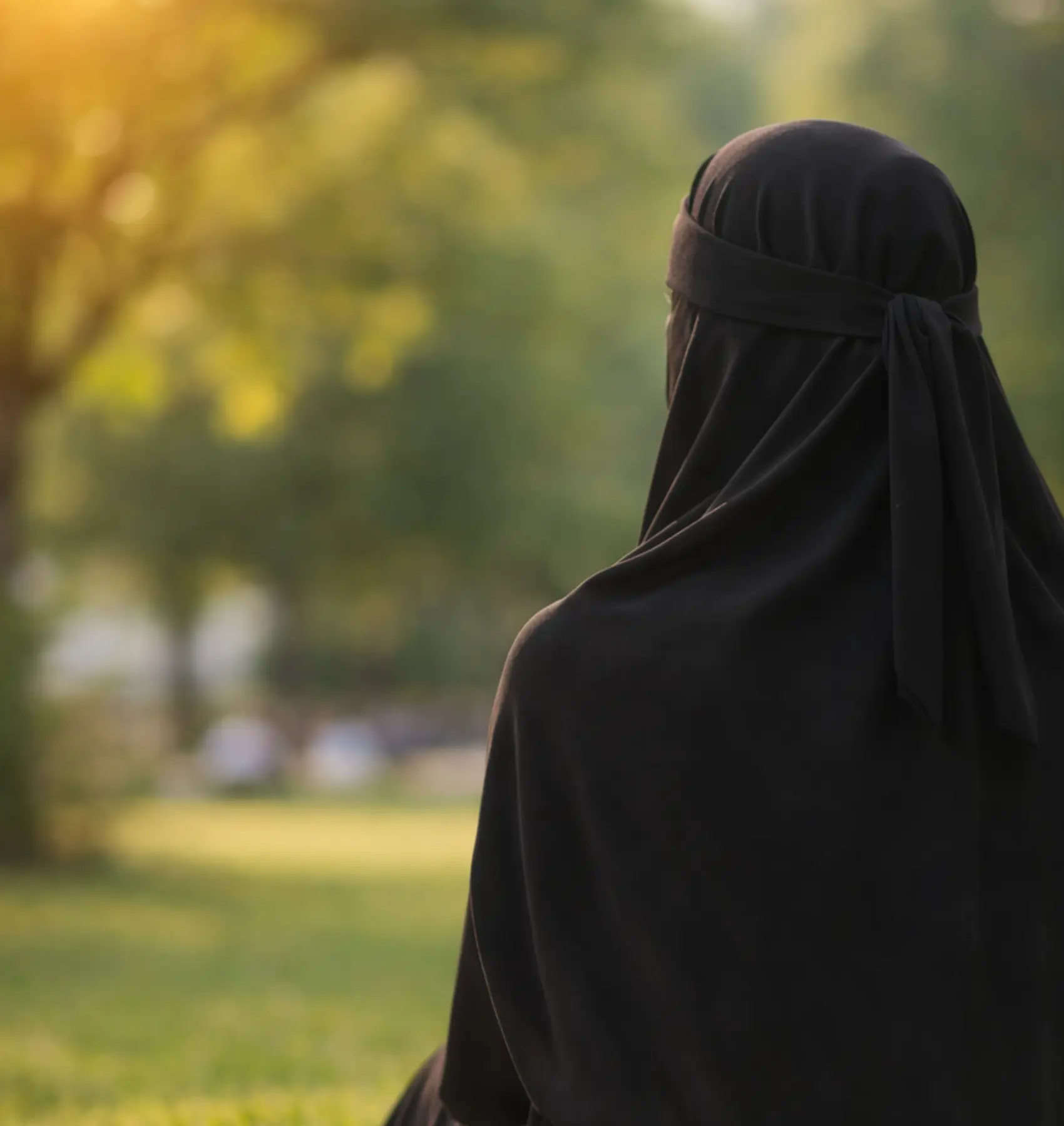 امرأة ترتدي عباءة سوداء تقف في حديقة مضيئة بأشعة الشمس، تدلي بشهادتها وتجربتها الشخصية والملهمة.